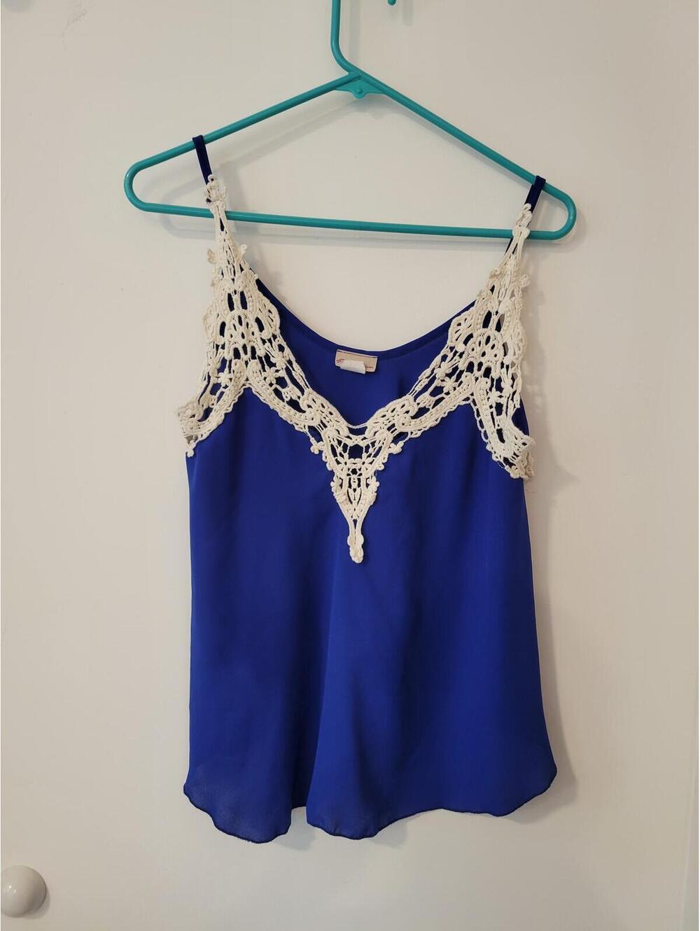 Blue Sleeveless Top with Cream Crochet Detail